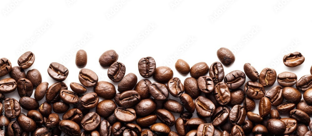 Aufkleber Close-up macro shot of roasted coffee beans creating a textured pattern on a white background with space for text or graphics. Copy space image. Place for adding text and design