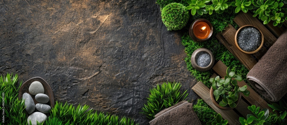 Poster spa treatment elements displayed on a dark background on a wooden table with green grass, allowing f