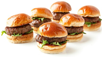 Beef slider burgers on mini buns, perfectly aligned and isolated, offered  for party food or slider specials