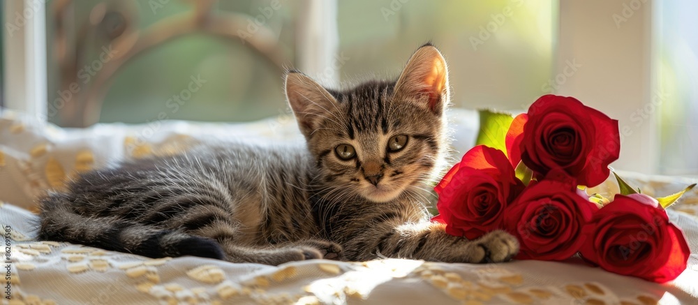 Aufkleber copy space image of a lovely gray striped kitten lounging by a window on a sunny day in the living r