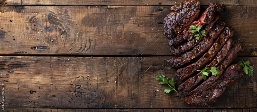 Aufkleber top view of grilled machete or skirt beef steak against a wooden backdrop with copy space image.