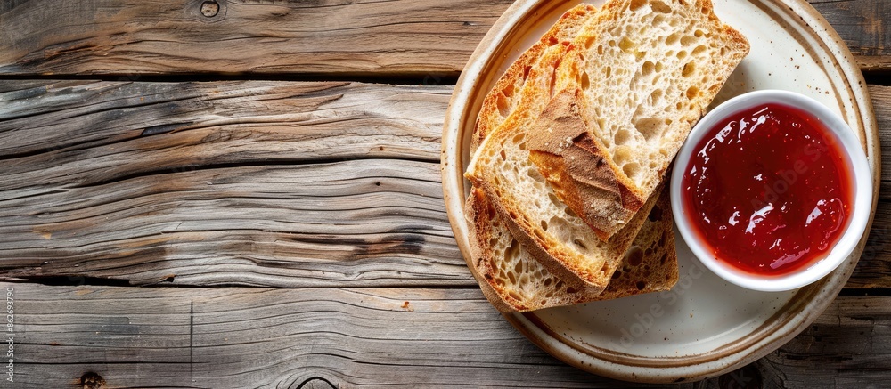 Poster plate with fresh bread and jam on a wooden surface, featuring copy space image.