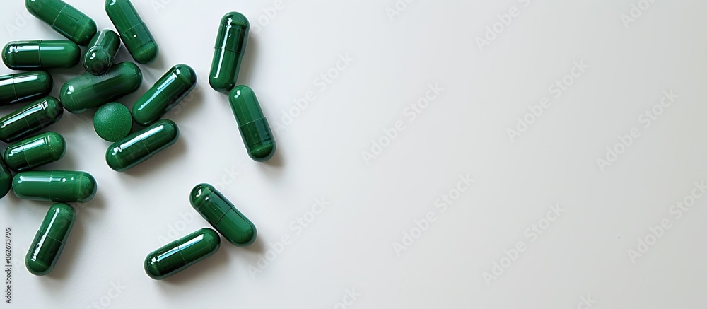 Aufkleber green medicine pills or capsules on a white background provide ample copy space in the image for a d