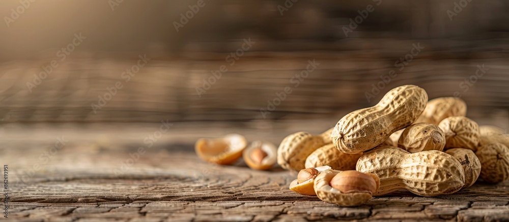 Poster Fresh peanuts in shells placed on a wooden surface, set against a natural background with ample space for additional images.