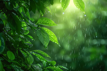 Green leaves in rain with sunlight © kossovskiy