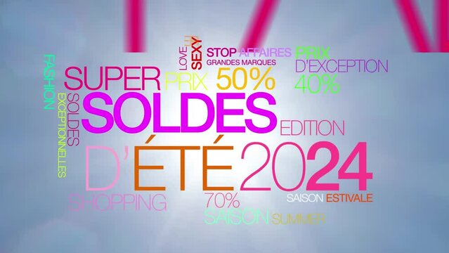 Soldes d'&eacute;t&eacute; 2024 nuage de mots texte couleurs pastel rose violet vert bleu promo