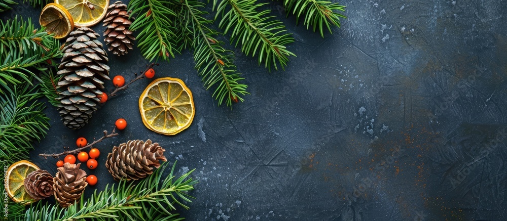 Poster Top-down view of Christmas fir branches adorned with cones, viburnum berries, and a dried lemon slice, providing ample space for inserting text in the image.