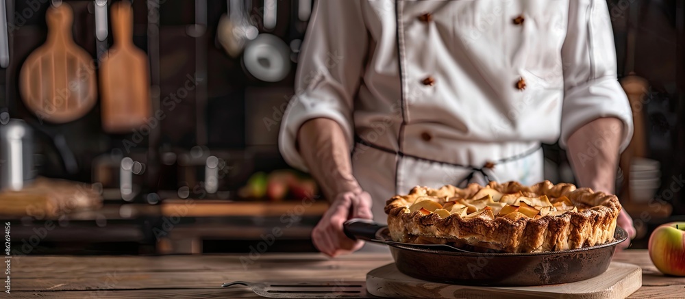 Poster A chef presents an apple pie on a kitchen spatula with a rustic background and ample copy space image.