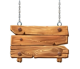 Fototapeta premium Wooden sign, text, background, rope, chain hanging on a transparent background.