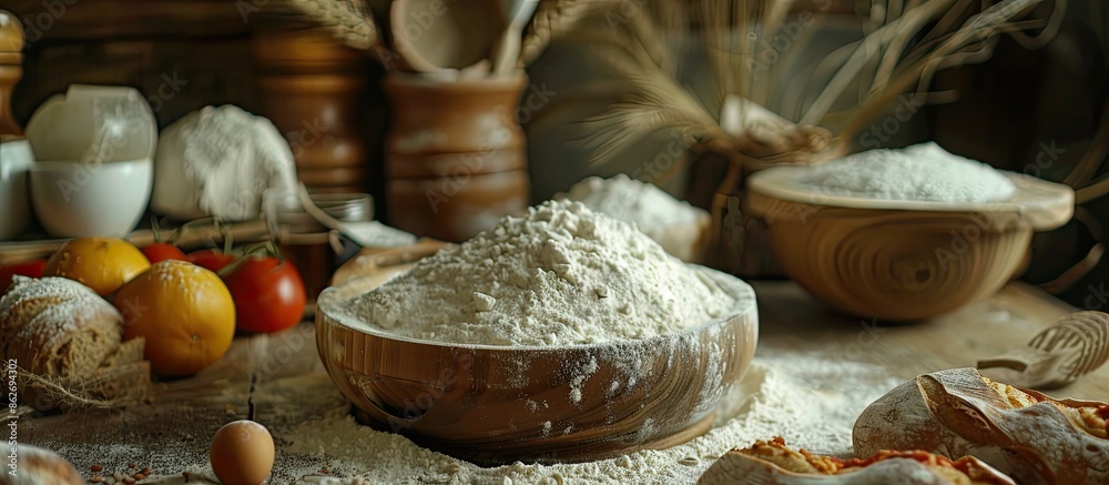 Poster essential ingredients for baking pizza, bread, or pastries with a focus on flour are displayed in th