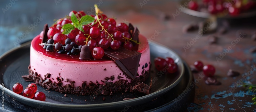 Poster a no-bake mousse cake with dark chocolate and currant berries with a visually appealing design and c