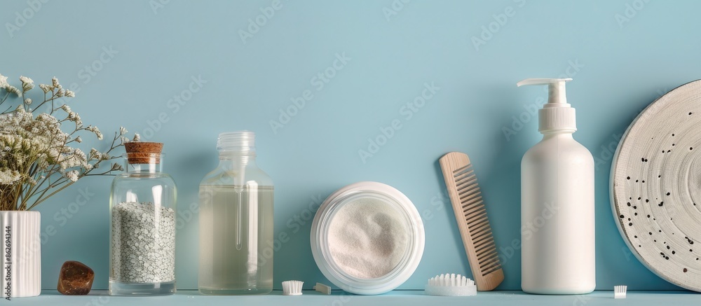 Poster on a blue background, various items are displayed including a jar with a pipette, a round white jar,
