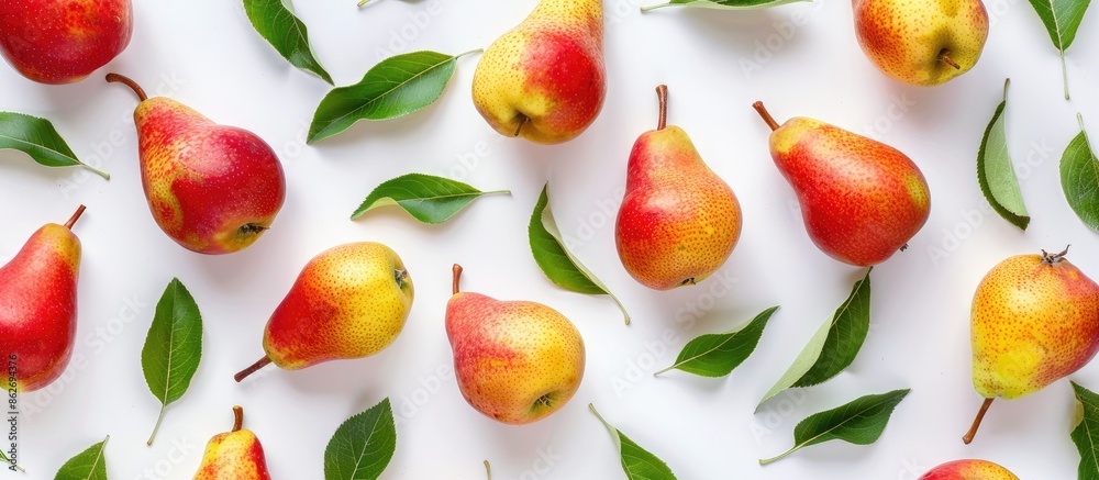 Poster ripe red and yellow pears with leaves isolated on a white background, providing copy space in a top-
