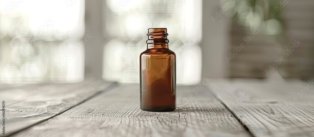 Poster medical drops bottle on a white wooden surface with a blurred background providing ample copy space 