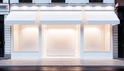 Frontal top view of the front of a modern and bright store in a shopping street of a city
