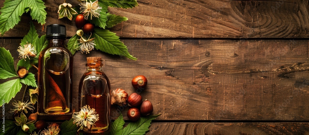 Poster horse chestnut tincture showcased with a copy space image on a wooden table background.