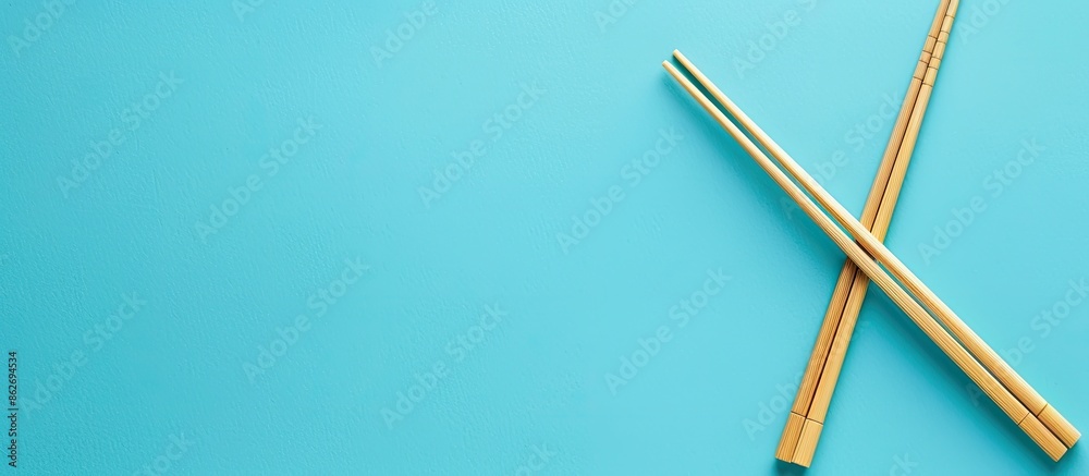 Poster green wooden chopsticks on a blue background in a top-down view with copy space image.