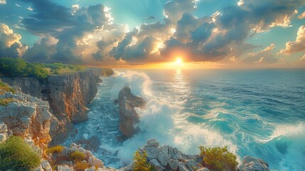 A tumultuous seascape - towering waves crash against rugged cliffs in a spectacular, primal display