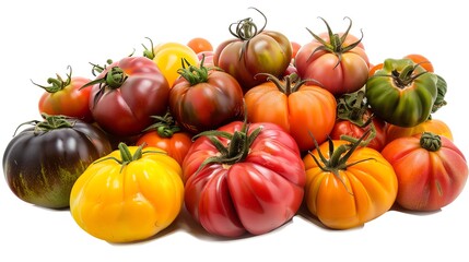 Obraz premium Colorful mix of heirloom tomatoes, assorted shapes and hues, perfectly isolated and available , ideal for gourmet salads or cooking shows