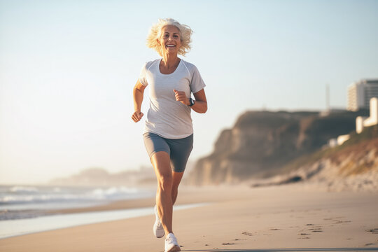 Middle-aged woman jogging by the seaside