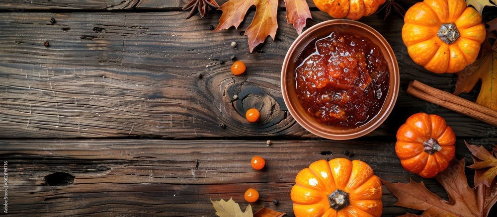 Poster A tempting bowl of pumpkin jam with its ingredients displayed on a wooden surface in a top view layout, allowing for text in the open area of the image. Copy space image