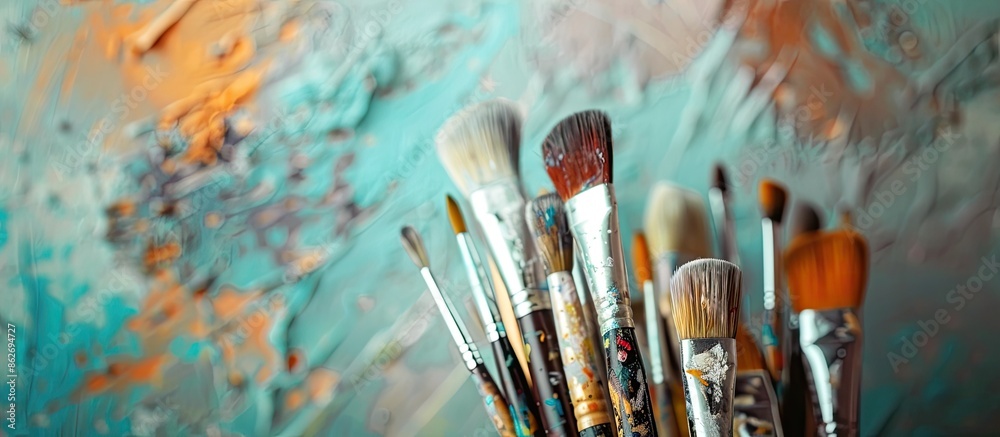 Poster close-up of a variety of artist paintbrushes with selective focus on a copy space image.