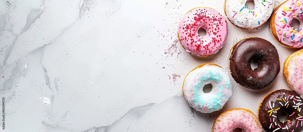 Fototapete colorful doughnuts displayed on a table with copy space image, seen from above and isolated.