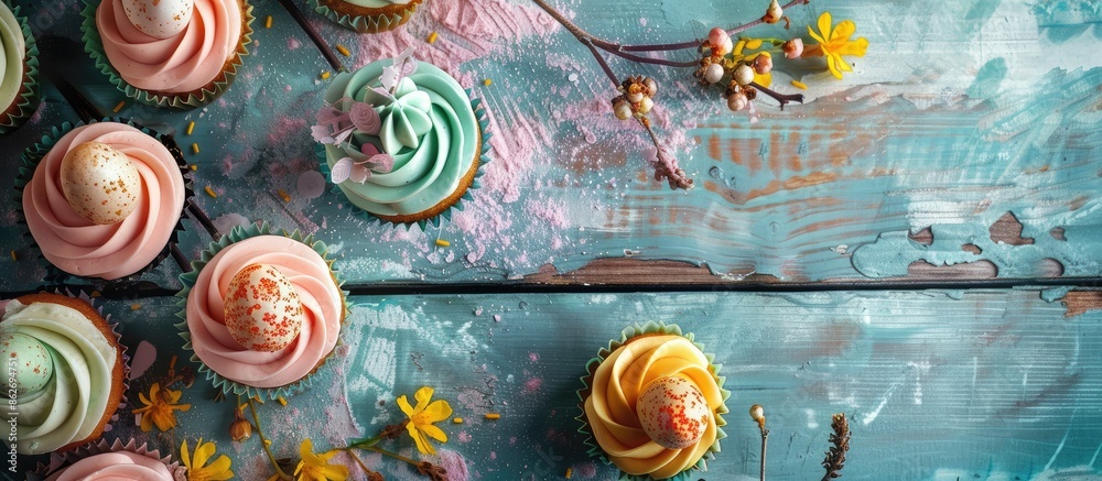 Poster colorful table with delicious easter cupcakes adorned with eggs, ideal for a festive copy space imag