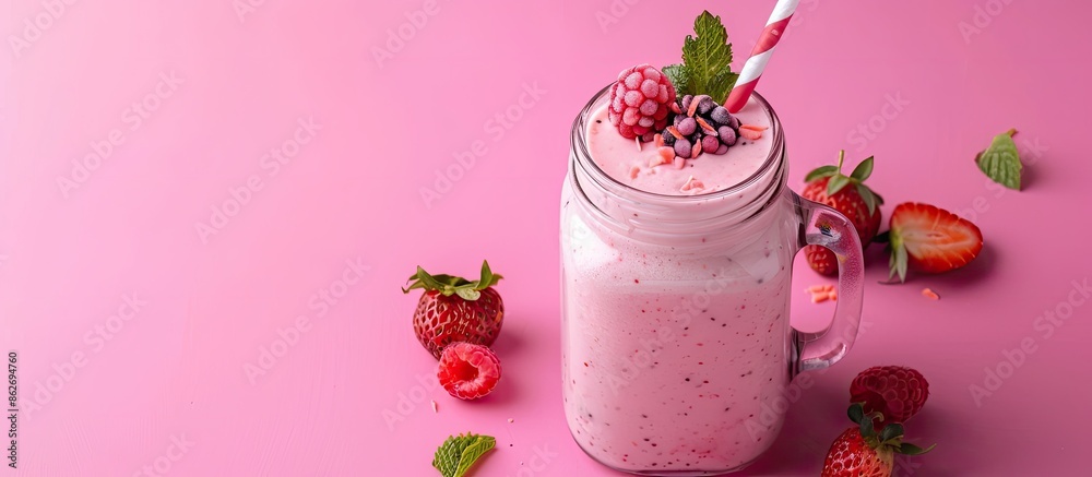 Poster Close-up of a refreshing strawberry milkshake with berries in a mason jar on a pink background, ideal for summer and featuring ample copy space image.
