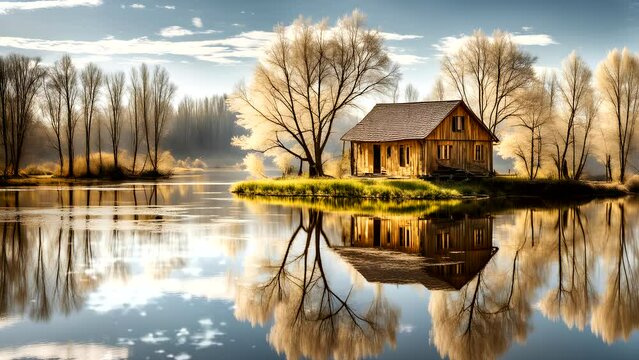 A beautiful view of a wooden house by the lake amongst the trees and birds Seamless looping 4k time-lapse animation video background