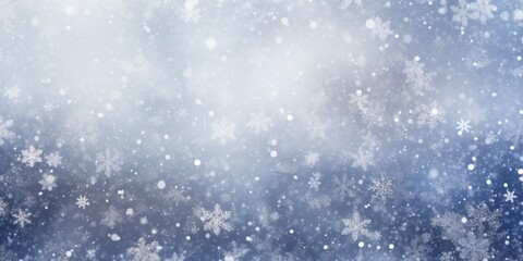 Fototapeta premium A snowy scene with a blue sky and lots of snowflakes. The snowflakes are falling from the sky and covering the ground. The scene has a peaceful and serene mood, as the snowflakes create a calm