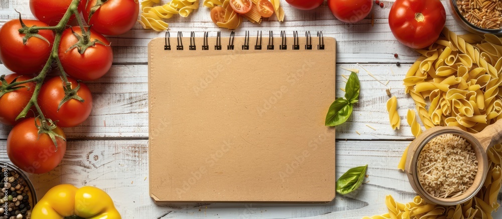Poster top-down view of a notebook on a wooden cutting board surrounded by various dry pasta and tomatoes, 