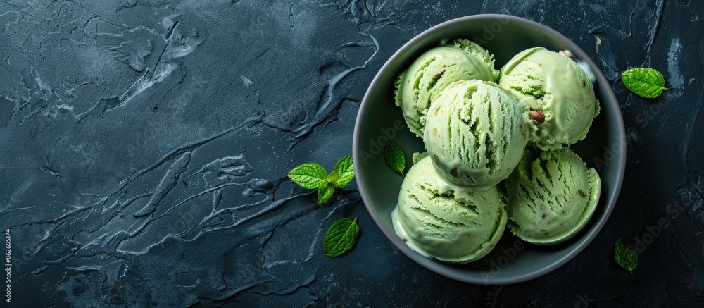 Canvas Prints Scrumptious pistachio ice cream on a dark table with copy space image.