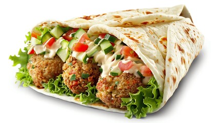 Falafel wrap with fresh veggies and sauce, vibrant and detailed, perfectly centered and isolated, available  for Middle Eastern food promotions
