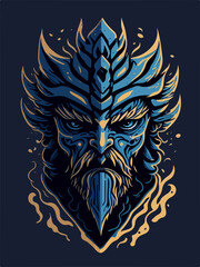 Fototapeta premium A hellish demon warrior logo: a ghostly figure with fiery eyes and menacing horns, wielding a blade. The ethereal form is shrouded in dark, swirling shadows.