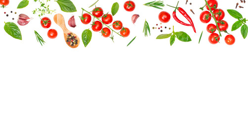 Fresh cherry tomatos basil garlic and spices isolated on transparent background bannerpng.
