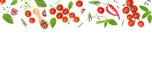 Fresh cherry tomatos basil garlic and spices isolated on transparent background bannerpng.