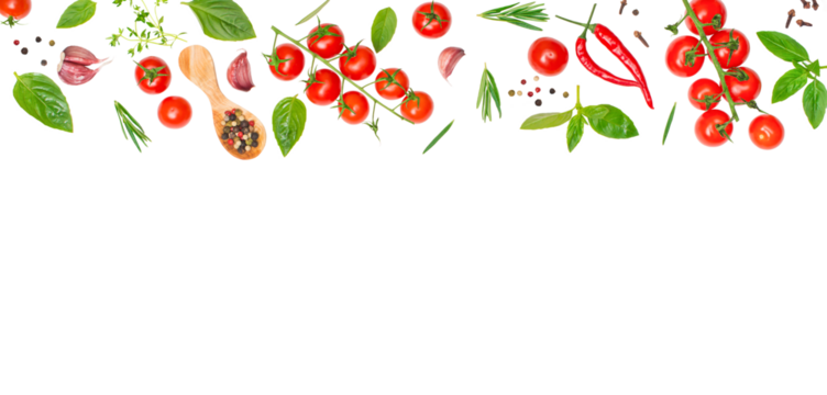 Fresh cherry tomatos basil garlic and spices isolated on transparent background bannerpng.