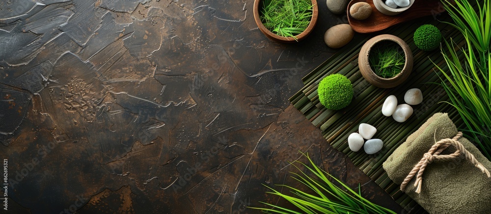 Poster spa treatment elements displayed on a dark background on a wooden table with green grass, allowing f