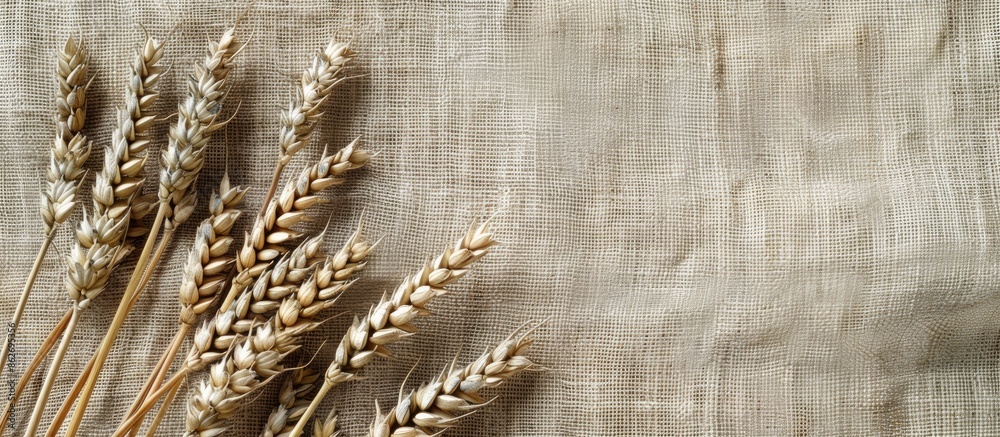 Poster Wheat spikelets on linen background with copy space image.