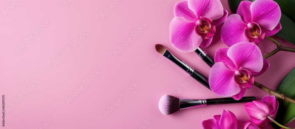 Aufkleber pink background with makeup tools displayed alongside an elegant orchid flower, creating a visually 