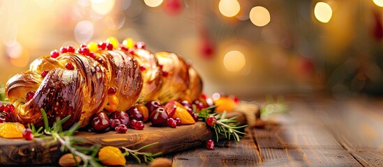 A delicious braided bread loaf, loaded with fruits and nuts, fresh out of the oven, with copy space image.