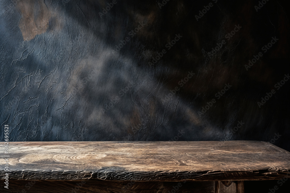 Poster old wooden table with dark textured background and light beam