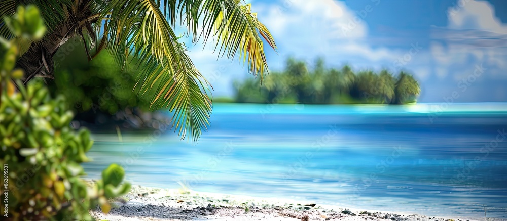Aufkleber blurry background of a tropical island and lagoon in the cook islands with copy space image.