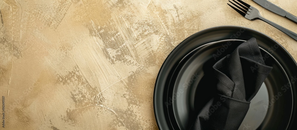 Poster Close-up of an elegant table setting with a black napkin against a beige background, with a copy space image.