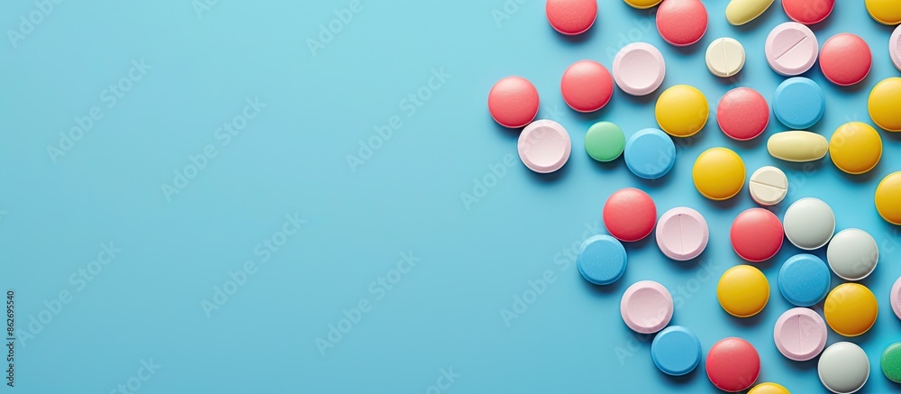 Poster colorful pills arranged on a blank surface with copy space image.
