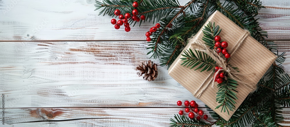 Aufkleber Flat lay of a festive gift decorated with green Christmas tree branches and red berries on a white wooden background, with space for text or images. Copy space image. Place for adding text and design