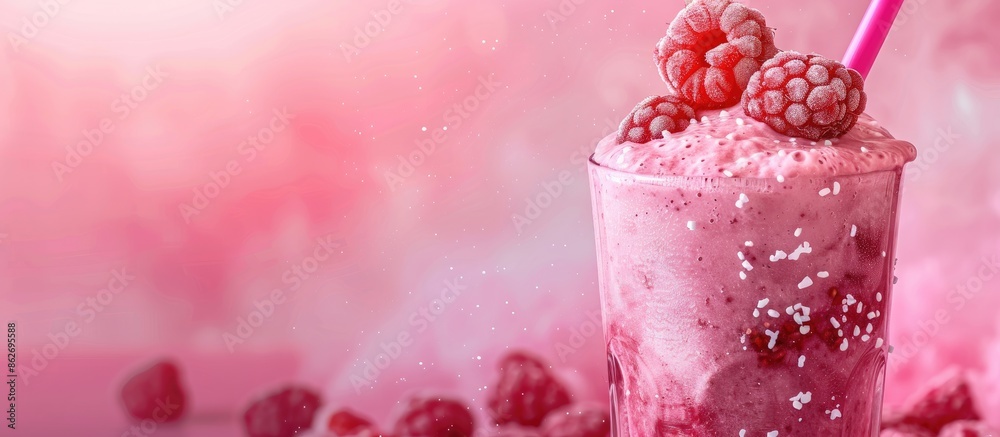 Poster Pink background showcasing a raspberry smoothie with copy space image.