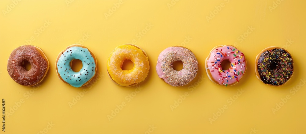 Leinwandbilder donuts arranged in a row on a yellow backdrop with copy space image.
