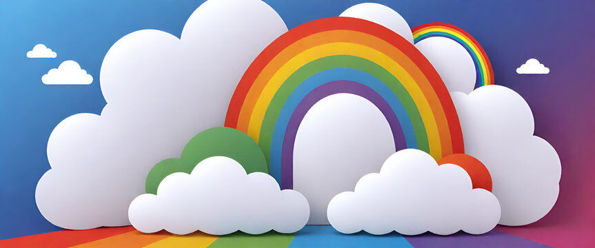 arcobaleno con candide nuvole, illustrazione in stile fumetto